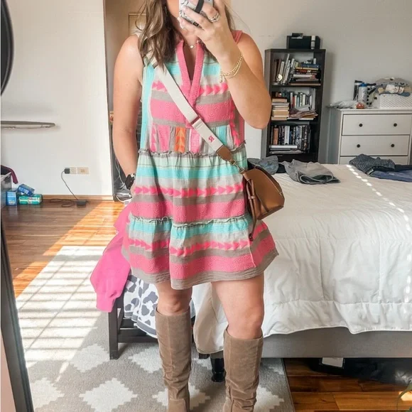 Elan Pink and Blue Striped Mini Dress - Picture 1 of 6